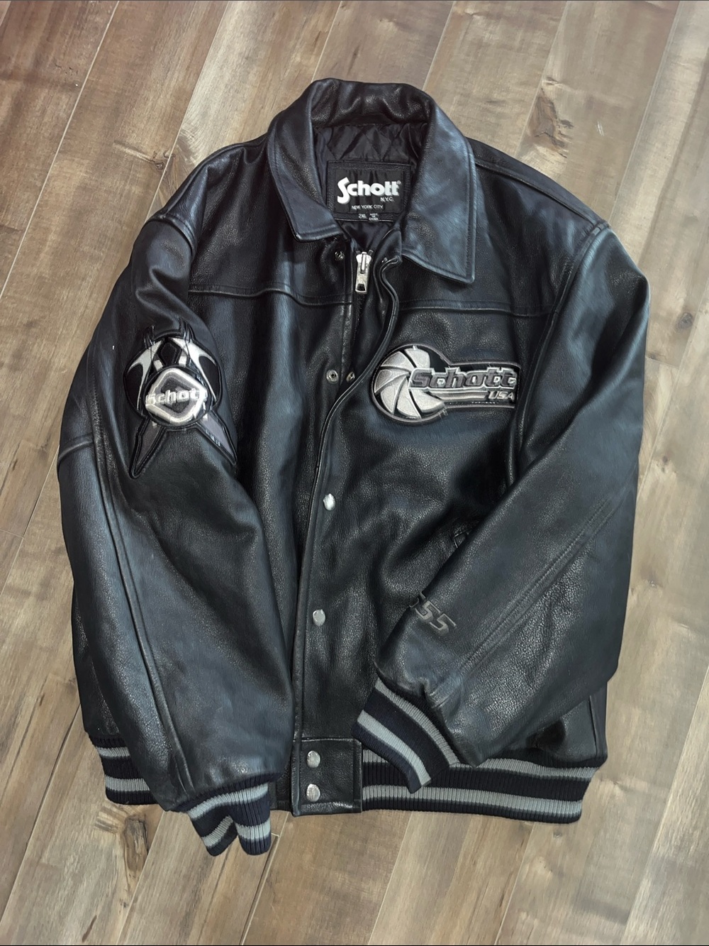 Schott Vintage Heavy Black Leather Varsity Bomber Jacket with Logo Patches